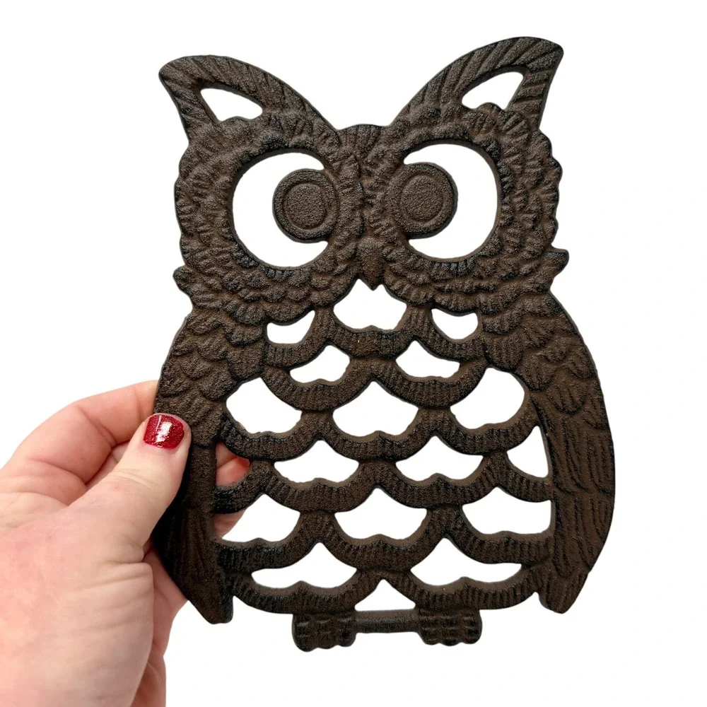 Vintage Owl Trivet Cast Iron Mid Century Brown 7.75